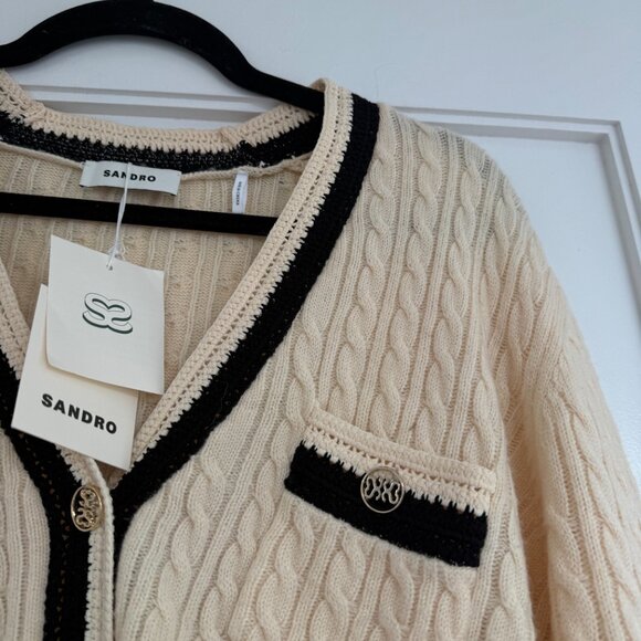 NWT Sandro Mercredi Cardigan Sweater Ecru Cable Knit V-Neck Wool Blend Contrast - Picture 7 of 10